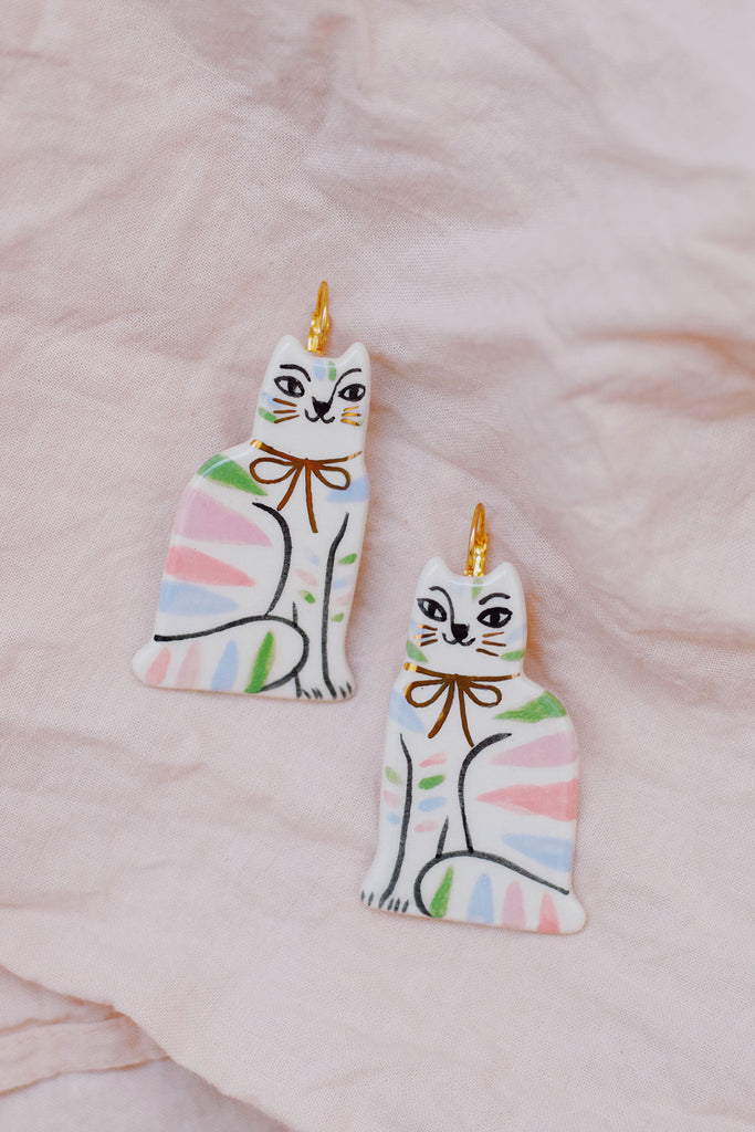 ceramic cat earrings - pastel stripes