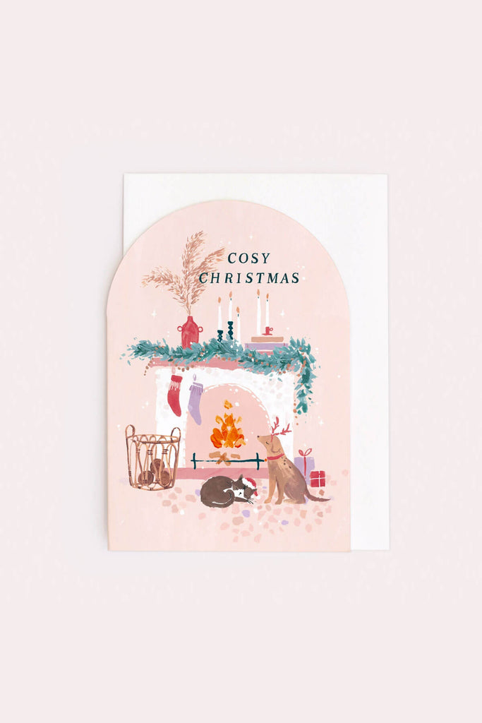cozy fireplace christmas card