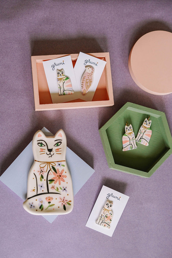 ceramic cat brooch - ceramic cat earrings - pastel stripes and florals