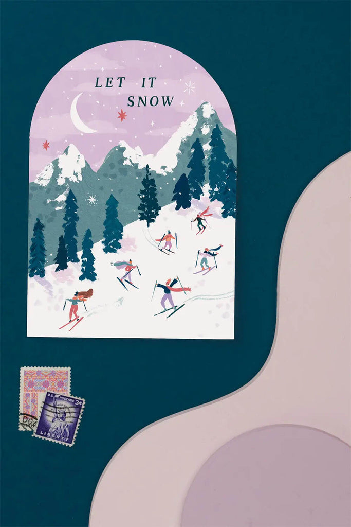 let it snow skiers christmas card