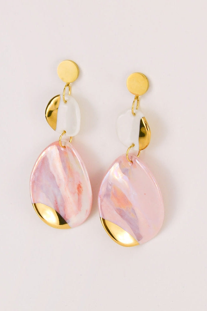 Pink Marbled Oval Ceramic Earrings
