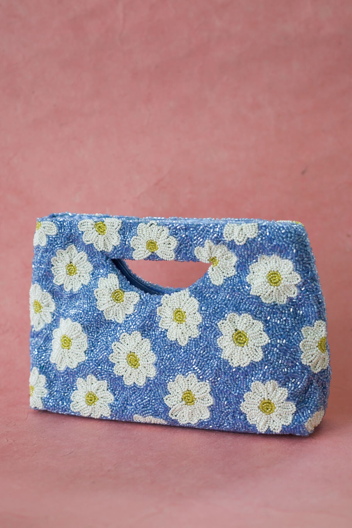 periwinkle beaded clutch with flowers