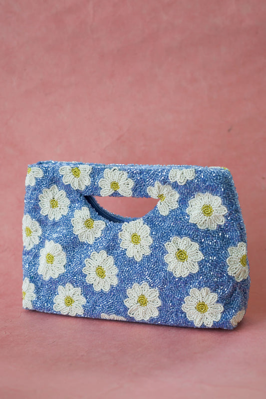 periwinkle beaded clutch with flowers