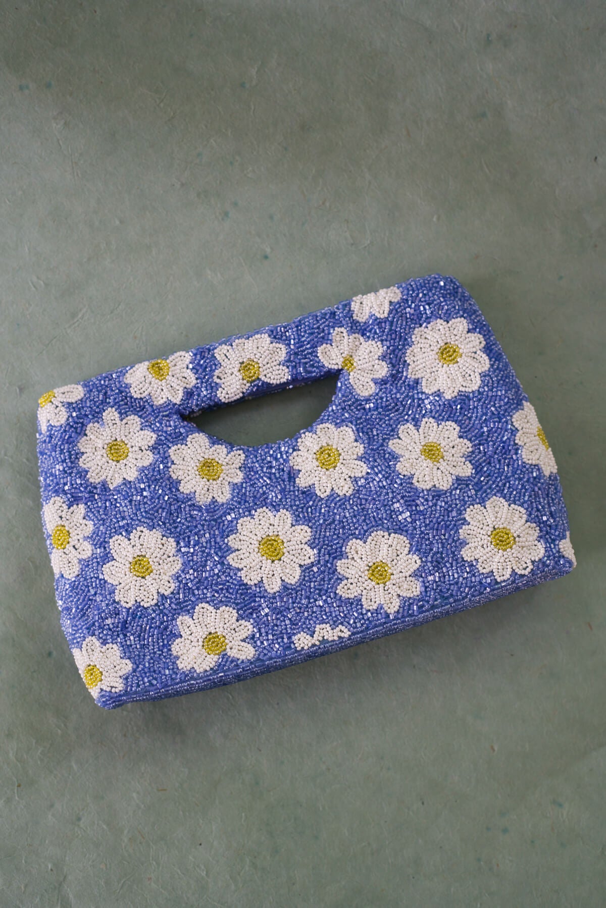 periwinkle beaded clutch with flowers