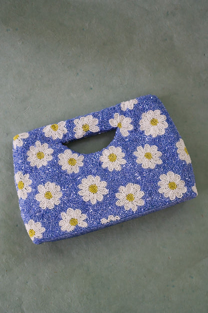 periwinkle beaded clutch with flowers