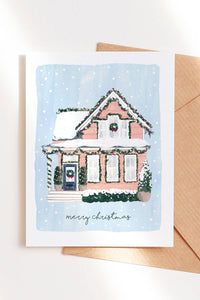 pink christmas house holiday card by sabina fenn