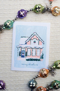 pink christmas house holiday card by sabina fenn