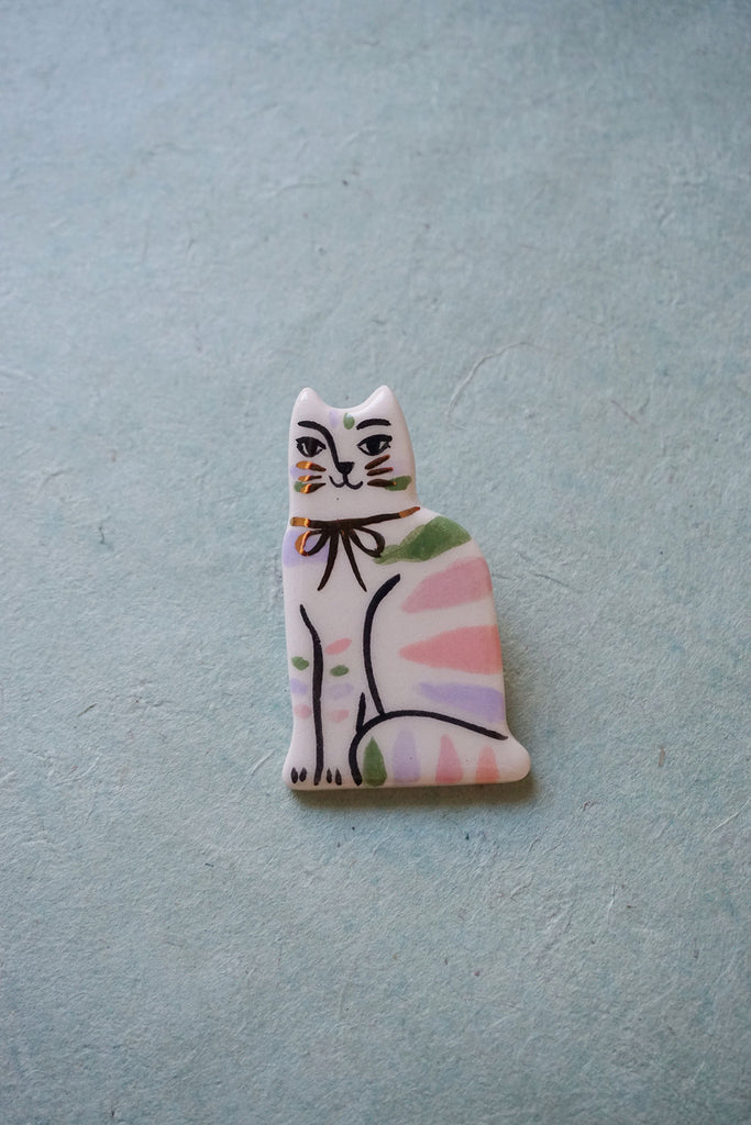 ceramic cat brooch - pastel stripes